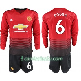 Camisolas de Futebol Manchester United POGBA 6 Criança Equipamento Principal 2018/19 Manga Comprida